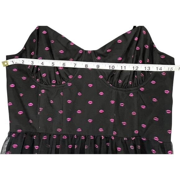 Betsey Johnson Corset Midi Dress 8 Black Lip Print Tulle Mesh Whimsical Romantic - Picture 8 of 15
